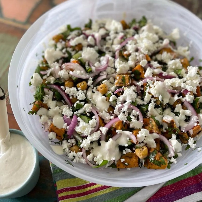 Harissa Chickpeas and Sweet potato Salad with a yoghurt&nbsp;dressing